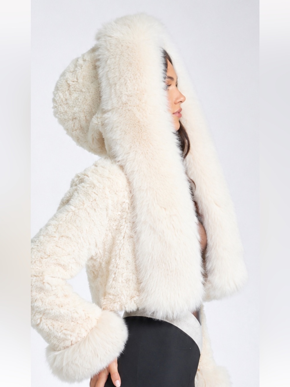 Glitz crop Cream Faux Fur Hooded Jacket with Plush Trim